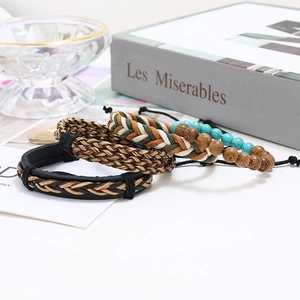 Set di 4 bracciali retrò in pelle intrecciata con perline turchesi in stile vintage