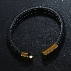 Handmade multilayer black leather bracelet for men with antique bronze magnetic clasp