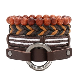 Vintage Leather Bracelet Set Retro Braided Cord Wood Beads Punk Rock Wristband For Men Women Daily Party Jewelry Gift