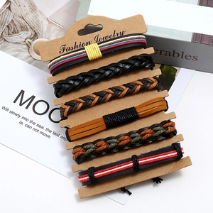 Lot de 6 bracelets en cuir tressé rétro pour hommes en noir et marron vintage