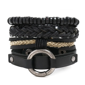 Retro Punk Men Leather Bracelet Multi-layer Woven Hemp Rope Wood Beads Alloy Ring Rivet Cuff Bracelet Bangle Jewelry