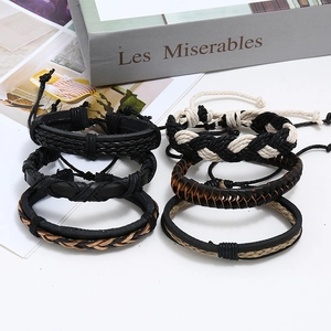 Retro multi-layer woven leather bracelet set for men in black, brown and beige colors