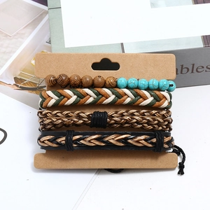 Set di 4 bracciali vintage in pelle intrecciata con perline di legno e cordoncini etnici