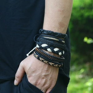 Men's retro multi-layer braided leather bracelet set with ethnic weaving style