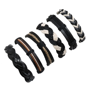 Retro Men Braided Leather Bracelet Multi Layer Cowhide PU Hemp Rope Wax Cord Adjustable Bohemian Punk Hand Jewelry