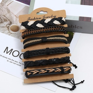 Six-piece men's vintage multilayer braided leather bracelet set in black and brown