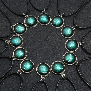 Luminous 12 Zodiac Sign Pendant Necklace For Men Women Personalized Glowing Starry Sky Pattern Alloy Necklace With Black Cord