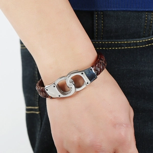 Men's brown braided leather bracelet with silver stainless steel handcuff clasp