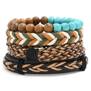 Collezione Bracciale in Pelle Intrecciata Vintage Uomo Donna Bohemian Multistrato Perle di Legno Corda Cerata Gioielli Etnici