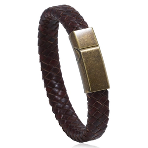 Bracelet Vintage en Cuir Artificiel Tressé Homme Acier Inoxydable Fermoir Magnétique Style Punk Bijoux Cadeau de Mode