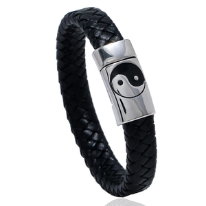 Vintage Woven PU Leather Bracelet With Titanium Steel Yin Yang Tai Chi Magnetic Clasp Retro Unisex Daily Jewelry Bracelet
