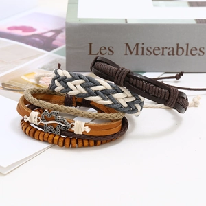 Retro multi-layer braided leather bracelet set with wooden beads and leaf metal charm
