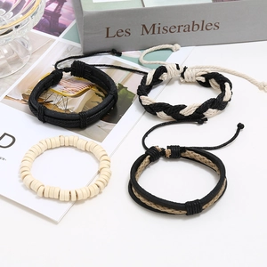 Ensemble de bracelets vintage en cuir pour hommes avec perles en bois et cordes tressées