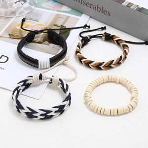 Four-piece retro braided leather and wooden bead bracelet set in bohemian style