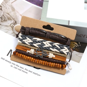 Three-piece punk vintage woven leather bracelet set with wooden beads and maple leaf pendant