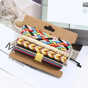 Bohemian multilayer woven bracelet set with colored wax cords and beads on card