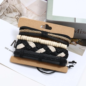 Ensemble de bracelets en cuir tressé vintage pour homme avec perles en bois