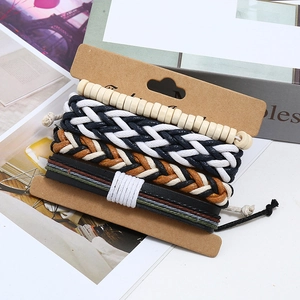 Vintage bohemian 4-piece woven leather bracelet set with beads and wax cord