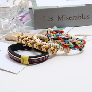 Bohemian four-piece set of woven wax thread bracelets with leather and wood beads