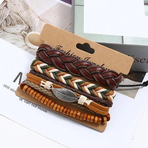 Retro multi-layer woven leather bracelet set with metallic leaf charm and wooden beads