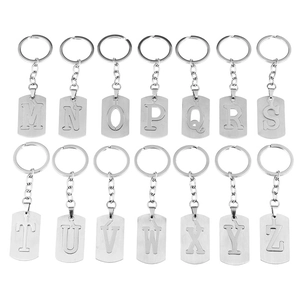 Minimalist stainless steel alphabet keychains with hollow letters M to Z in silver