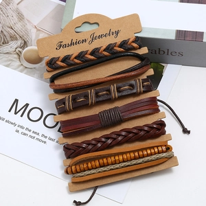 6-piece vintage woven leather bracelet set for men with wooden beads and ethnic design