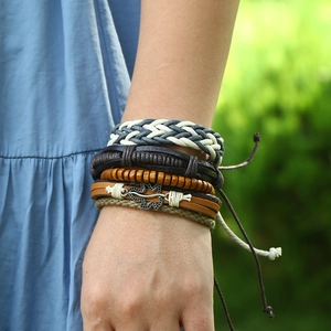 Retro multi-layer woven leather bracelet set with wooden beads and silver charms