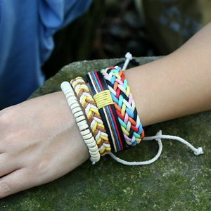 Colorful Bohemian hand-woven layered bracelet set with beads and leather cords