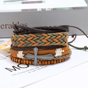 Détails de l'ensemble de bracelets en cuir tressé vintage avec croix en métal et perles