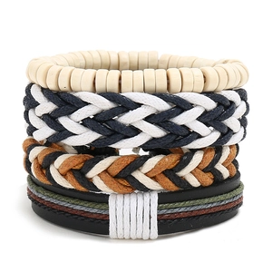 Vintage Bohemian Woven Bracelet Set For Men Women Adjustable Leather Hemp Rope Wood Bead Multi-layer Ethnic Jewelry