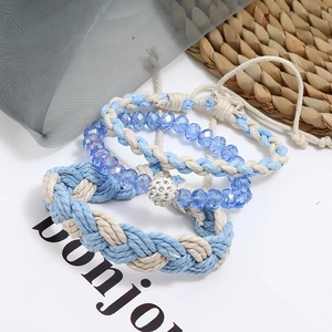 Set bohémien da tre pezzi con corde intrecciate blu e bracciale in cristallo lucido