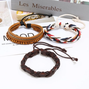 Three-piece set of woven leather bracelets with wooden beads and colorful cotton cords