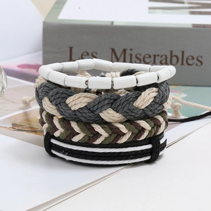 Bohemian style four-piece set of woven rope and wooden bead bracelets for a vintage casual look