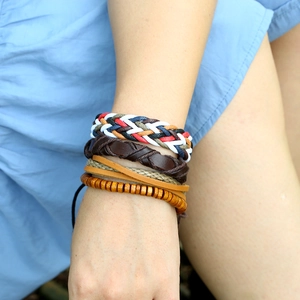 Retro multi-layer braided leather bracelet set with wooden beads for men and women