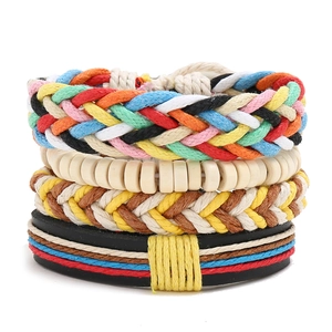 Bohemian Punk Braided Bracelet Set For Women Men Vintage Multi-layer Artificial Leather Hemp Rope Wax Thread Wood Beads Jewelry