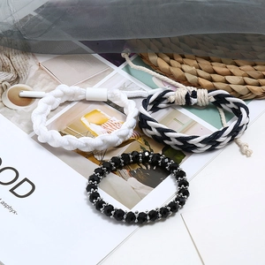 Three-piece bohemian set with woven ropes and black faceted beads for women
