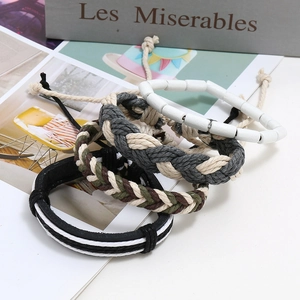 Retro 4-piece set of woven rope and wooden bead leather bracelets for men in bohemian style