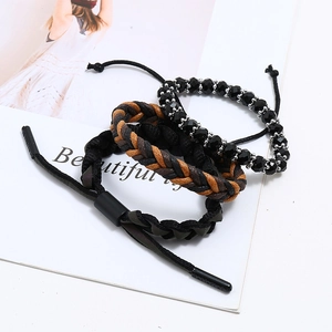Three-piece set of handmade woven wax cord bracelets with black faceted crystal beads