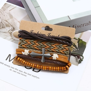 Ensemble de bracelets rétro en cuir tressé multicouche avec breloque croix en métal
