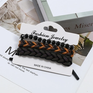 Three-piece retro woven wax cord and beaded bracelet set for women on display card