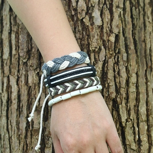 Handmade multilayer braided leather bracelet set with wooden beads for men and women