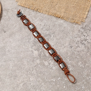 Vintage braided brown leather bracelet with magnetic square metal beads for men
