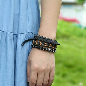 Three-piece bohemian wax cord woven bracelets with purple rope and faceted black beads