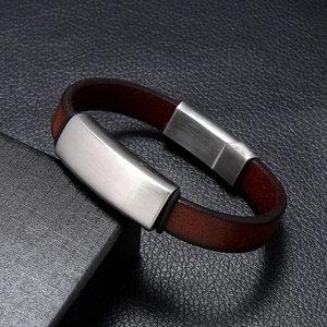 Bracelet vintage en cuir marron foncé avec fermoir magnétique en acier brossé pour hommes