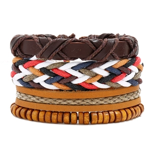 Vintage Punk Braided Cowhide Leather Bracelet Set For Men Women Handmade Wood Bead Hemp Rope Ethnic Multi-layer Wrap Bracelet Jewelry