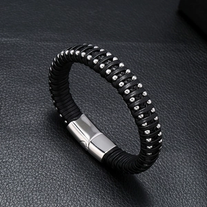 Braided black leather bracelet for men with silver beads and polished magnetic clasp