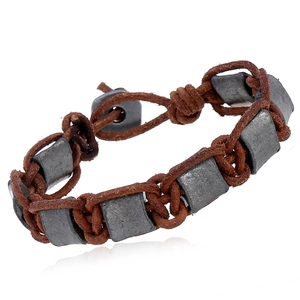 Vintage Woven Cowhide Bracelet With Alloy Beads Retro Handcrafted Genuine Leather Wristband For Men Casual Jewelry Gift