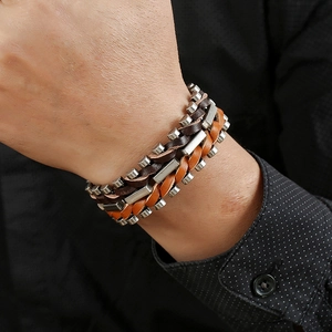 Men's retro punk multilayer braided leather bracelet with vintage metal charms