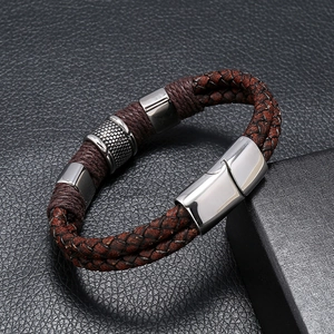 Men's braided leather bracelet with stainless steel magnetic clasp on black background