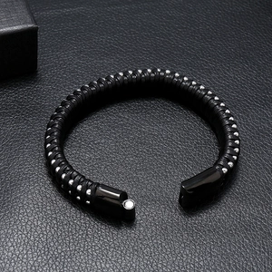 Hand-woven black leather bracelet for men featuring silver beads and magnetic metal clasp